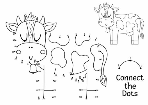 Vector dot-to-dot and color activity with cute cow. On the farm connect the dots game for children with funny farm animal. Rural country coloring page for kids. Printable worksheet.