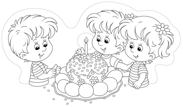 Happy little kids, a traditional holiday cake and painted Easter eggs, black and white outline vector cartoon illustration for a coloring book page