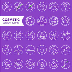 Face and body cosmetic care icons. Thin line icon set. Editable strokes, EPS 10, vector. All skin types and cosmetic manipulation symbols.