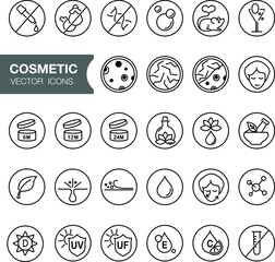 Face and body cosmetic care icons. Thin line icon set. Editable strokes, EPS 10, vector. All skin types and cosmetic manipulation symbols.