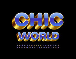 Vector luxury Emblem Chic World. Artistic Font. Blue and Golden 3D Alphabet Letters and Numbers.