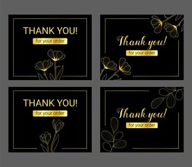 Thank you for your order customer card. Vector illustration. Set of cards. Black and golden