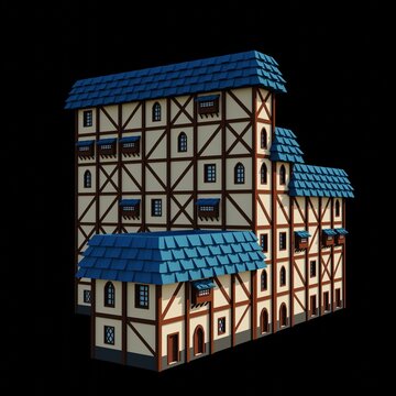 Medieval blue roof 7-floor hotel 3d rendering. Fantasy building illustration. Perspective architecture.