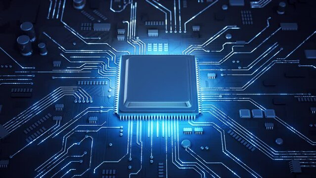 Central Computer Processors CPU concept. Motherboard digital chip. Technological and scientific blue background. Integrated communication processor. 3D animation