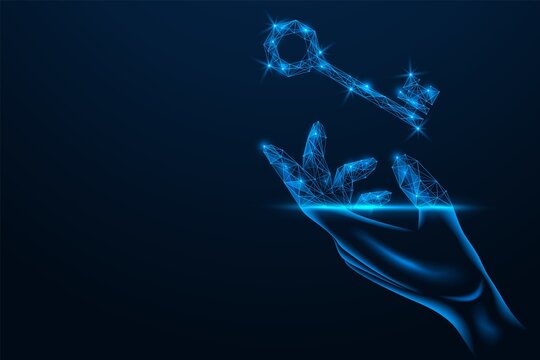 The door key is in hand. Access to digital technologies. Polygonal design of lines and dots. Blue background.