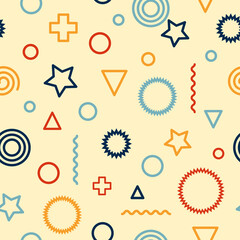 Vector seamless pattern with geometric shapes: circles, triangle, stars, lines. Memphis style. 90s style. Bright pattern perfect for design of kids room, fabric, textile, wrapping paper, wallpaper.
