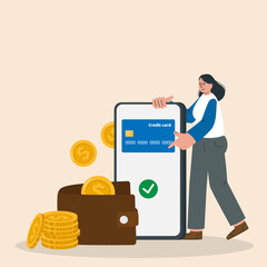 Financial transaction or withdrawal concept. Send, receive money from card on electronic wallet. Money transfer from phone. Online payment in mobile.