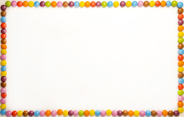 Rectangular horizontal photo frame on a white background with chocolates of different colors on the edge, photophone, birthday card.