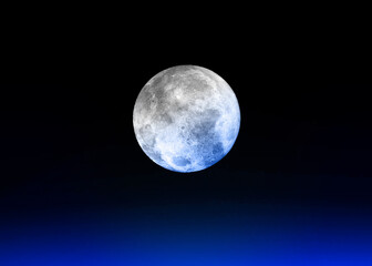 Blue reflections from earth to moon. Moon and super colorful deep space. Background night sky with stars, moon and clouds. A view of the moon of incomparable beauty. - obrazy, fototapety, plakaty