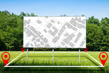 Land plot management - real estate concept with advertising billboard on a green field of a vacant...