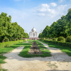 Taj Mahal one of the wonder of the world view from Mehtab Bagh garden side, Taj Mahal, Agra, Uttar Pradesh, India, sunny day view