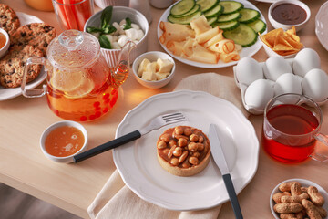 Dishes with different food on table. Luxury brunch