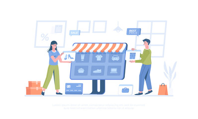 Fototapeta na wymiar Marketplace Online e-commerce Store. Sellers post their products on a trading platform. Search and compare items in the marketplace. Cartoon modern flat vector illustration for banner, website design
