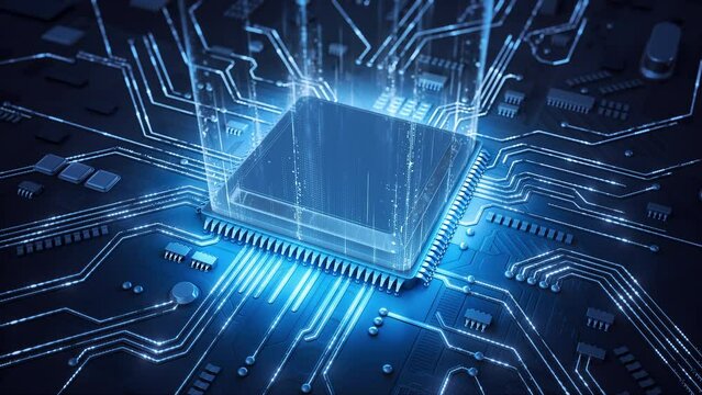 Central Computer Processors CPU concept. Motherboard digital chip. Technological and scientific blue background. Integrated communication processor. 3D animation