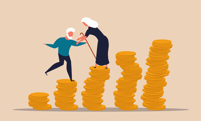 Retire money plan for age senior and financial income pension. Older people support for wealth vector illustration concept. Old woman and man with business tax. Superannuation and increase balance