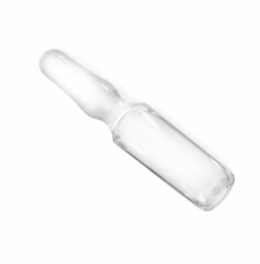 Glass ampoule with pharmaceutical product on white background, top view