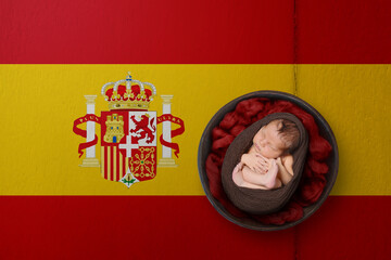 Newborn portrait on background in color of national flag. Patriotic photography concept. Spain