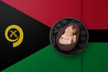 Newborn portrait on background in color of national flag. Patriotic photography concept. Vanuatu