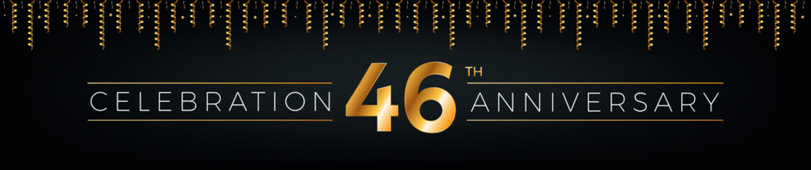 Fototapeta na wymiar 46th anniversary. Forty-six years birthday celebration horizontal banner with bright golden color.
