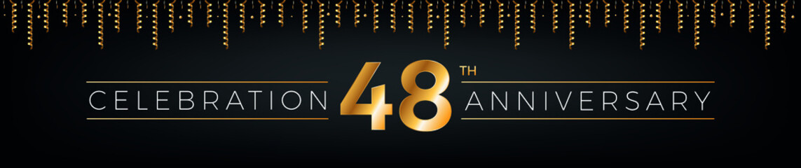 48th anniversary. Forty-eight years birthday celebration horizontal banner with bright golden color.