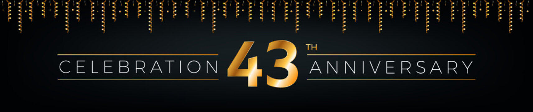 43th anniversary. Forty-three years birthday celebration horizontal banner with bright golden color.