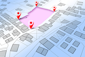 Fototapeta premium Land management concept with an imaginary cadastral map of territory with a vacant land available for sale or building construction