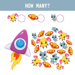 How many ufos, aliens and cats does a cute little space rocket have in space Counting educational kids game, kids math activity sheet. Cartoon colored vector illustration.
