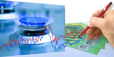 Fototapeta na wymiar Increased costs about methane, propane and butane gas - concept with detail of a burner of a domestic methane or propane gas cooker, chart and european euro banknotes