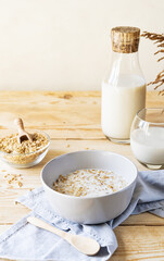 Healthy milky porridge from whole hulled grain oats in bowl with oat milk