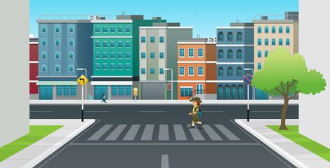 A child in boy scout clothes is crossing a crosswalk in the city. © intararit