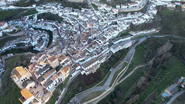 Setenil de las Bodegas drone aerial view of white towns, Cadiz, Andalucia.