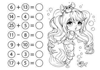 Children's math game, subtraction and addition of numbers. Coloring book with cute little mermaid and crab. Mini-task, write the answer in the circle. Preschool education.