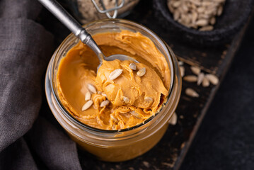 Sunflower butter or sunbutter. Hypoallergenic spread
