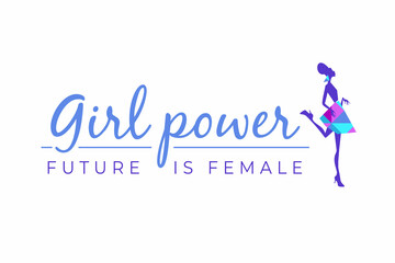 Woman's day card of colorful girl silhouette Girl Power-Future is Female, logotype with pretty girl on white background. Vector illustration for banner, logo, kids fashion, decor.