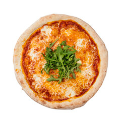 Pizza Margarita with mozzarella, pilati sauce with cherry tomatoes, oregano and basil.