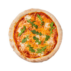 Pizza Margarita with mozzarella, pilati sauce with cherry tomatoes, oregano and basil.