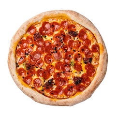 Pizza with Chorizo sausage, sweet pepper, sun-dried tomatoes, dried chilli, gouda cheese and mozzarella cheese with pilati sauce, thin crust and lush board Isolated on white background