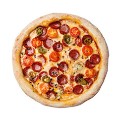 Pizza with smoked sausage, cherry tomatoes, dried chilli, jalapeno peppers and mozzarella. isolated on white background