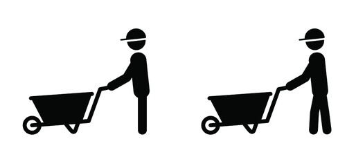 Stickman, stick figure man with wheelbarrow or garden trolley. Vector icon or pictogram. Garden tools. wheel barrow logo. - obrazy, fototapety, plakaty