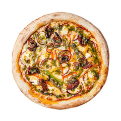 Pizza with feta, sun-dried tomatoes, bell pepper, onion, pesto and mozzarella. Isolated on white background