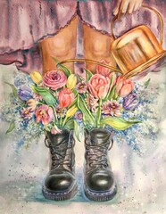 Flowers in boots. Watercolor bouquet. 