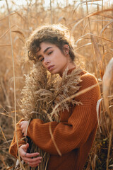 Portrait of beautiful young female model posing outdoor with soft sun light and sunset backlight