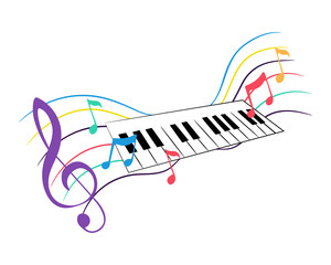 Musical notes with piano vector illustration. Color design.
