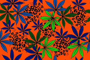 Cannabis leaves and leopard skin pattern in the orange background. Hemp leaf seamless pattern. Hand drawn vector illustration