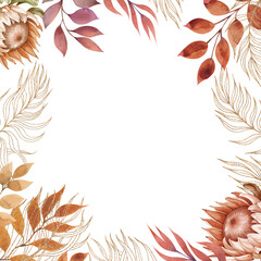 Fototapeta na wymiar Colorful leaves and protea floral frame. Watercolor and gold line illustration isolated on white background.