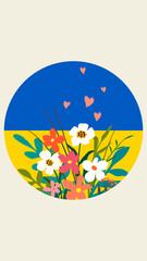 Round background in yellow and blue colors of the Ukrainian flag with a bouquet of wildflowers and hearts. Vector design for bright moments in support of Ukraine