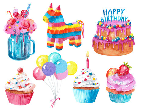 Watercolor Series For Birthday. Pinata, Cake, Pastries, Balls