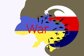 War in Ukraine. Russian invasion. Monster, colors of the Russian flag. Tanks, planes, missiles on the map. Vector illustration isolated on white background