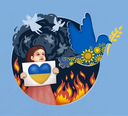 Concept of peace in Ukraine. Illustration of a little girl with a poster in her hands standing in fire, angels of deceased children. And a flying dove as symbol of peace. No war in Ukraine!