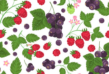 Raspberry, black currant seamless pattern. Juicy summer berries, fruits, leaves, floral background. Abstract illustration for spring and summer cover, tropical wallpaper texture, print, background
